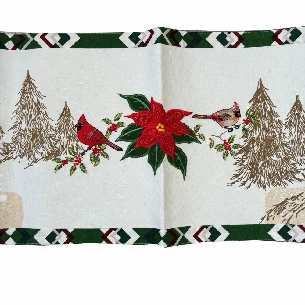 Embroidered Country Farmhouse Table Runner 13x72 Christmas Holiday Cardinal